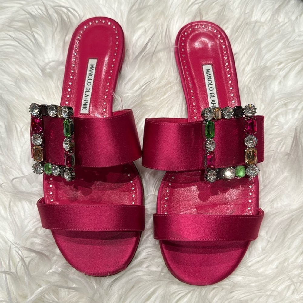 Manolo Blahnik dark pink double strap satin sandals with jewel buckle size 41